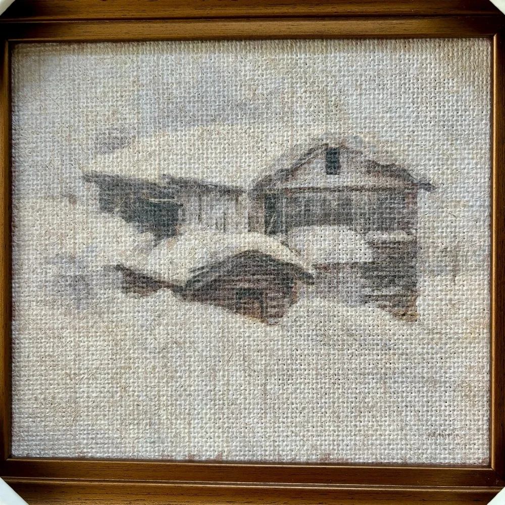Hearth & Hand with Magnolia 10”x11” Snowy Cabin Burlap Framed Wall Art NWT